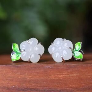 Hetian jade five-petal flower earrings-104